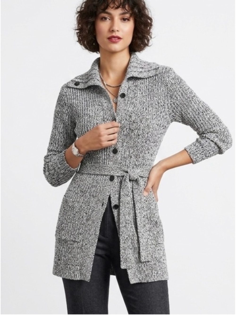 Women's Kenzie Cardigan Sweater Medium Grey Black Belted Knit 1887